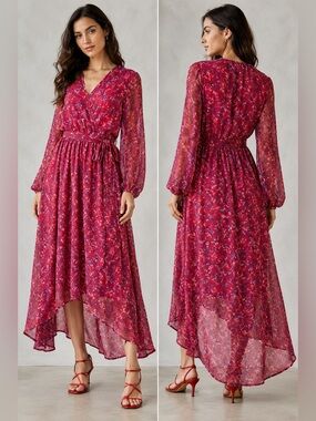 Custommade Leslie Wrap Maxi Dress Red Floral Sheer Viscose Size 36 Small